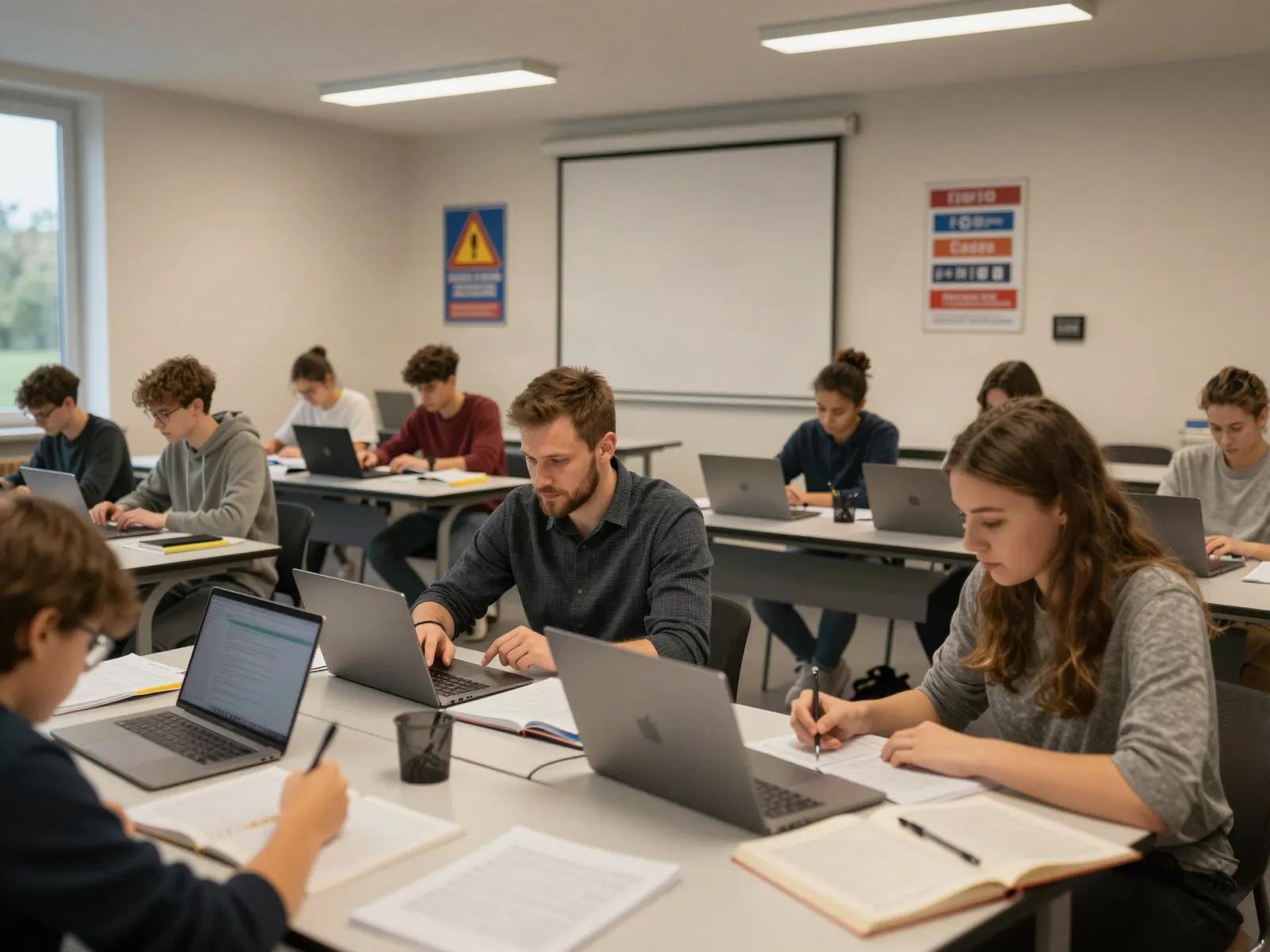 Offene Lernstunde: Jugendliche arbeiten an Laptops und Arbeitsblättern, ein Betreuer sitzt mit am Tisch.