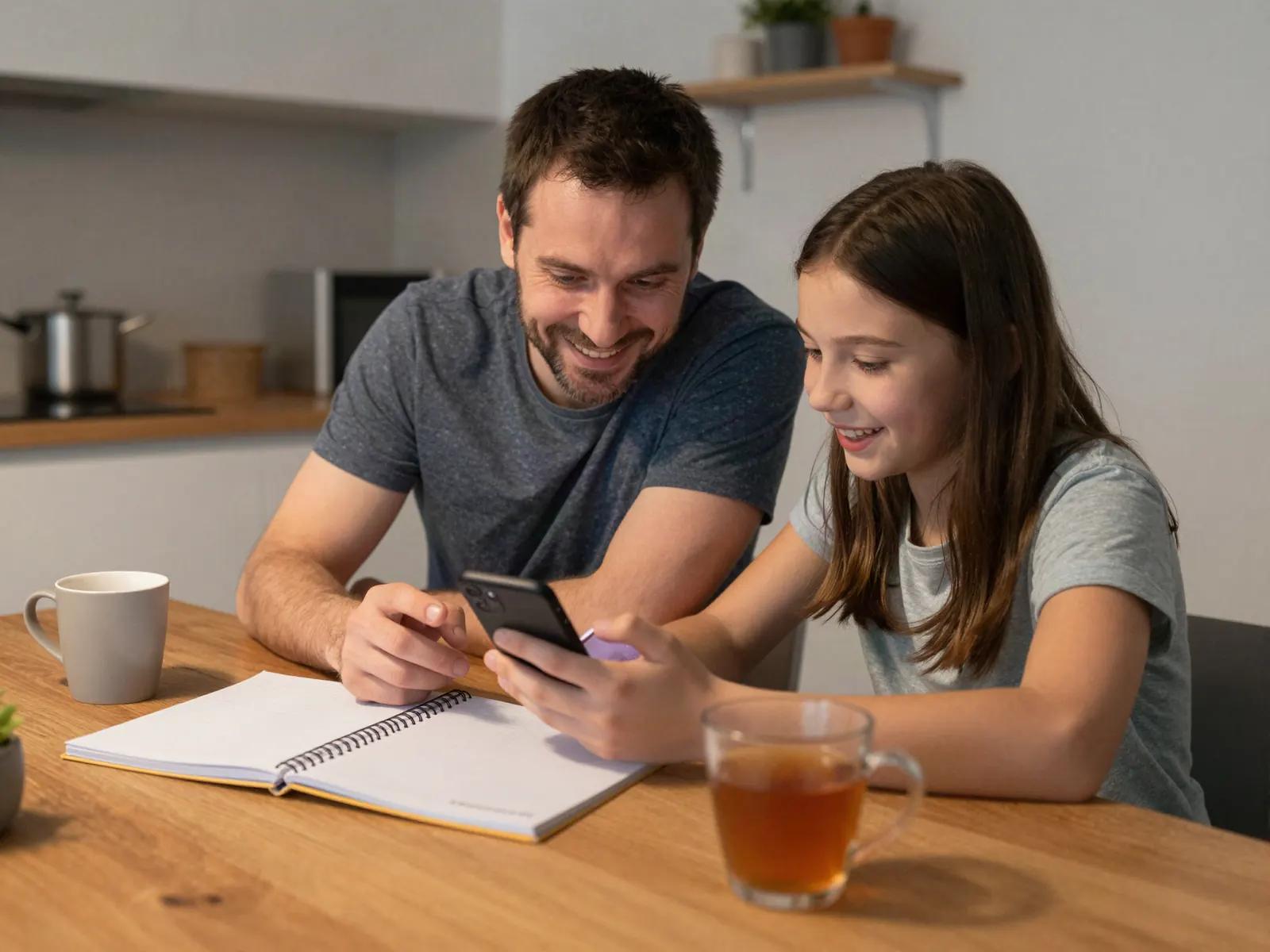 Ein Vater und seine Tochter schauen am Küchentisch gemeinsam aufs Smartphone und lächeln.