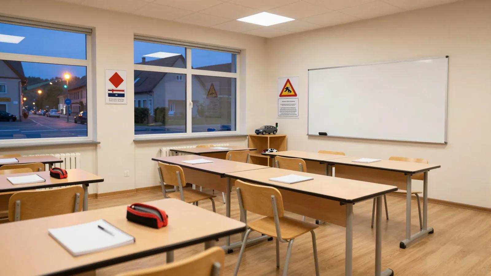 Leerer Fahrschul-Theorieraum am Abend, Tische für Kleingruppen vorbereitet, draußen Straßenlaternen.