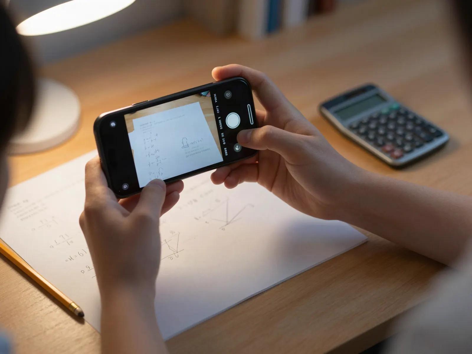 Ein Jugendlicher fotografiert seine Mathe-Hausaufgabe mit dem Smartphone.
