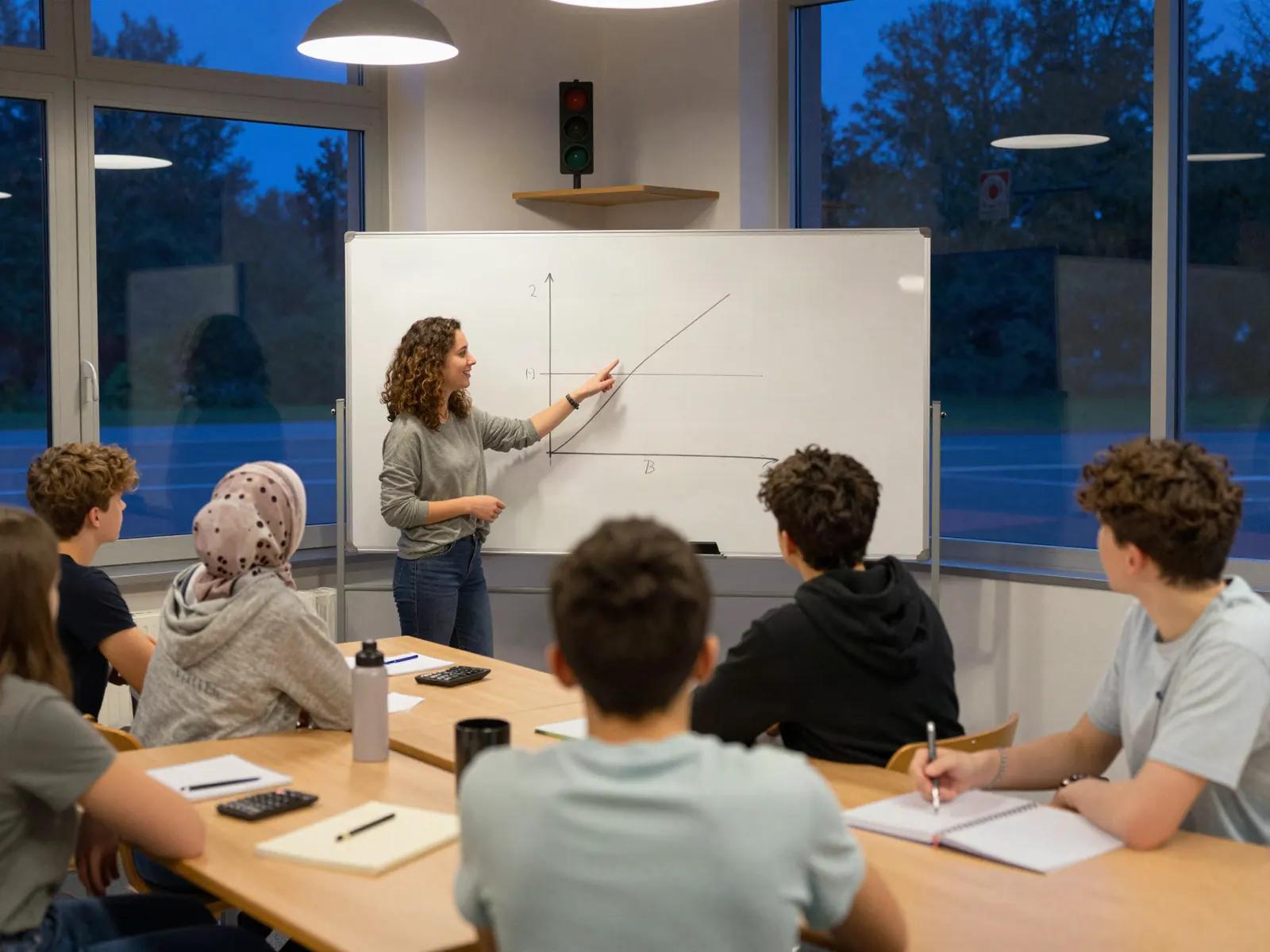 Abendkurs in einem Fahrschul-Theorieraum: Eine Lehrkraft erklärt am Whiteboard einen Funktionsgraphen, Jugendliche hören zu.